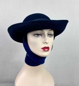 Vintage 90s Curled Brim Western Style Scarf Hat in Navy Blue - Fashionconservatory.com