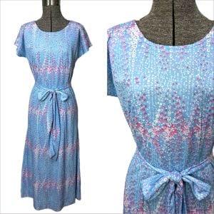 1970s periwinkle blue floral dress custom made in Singapore 