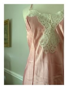 Vintage Pink Satin Slip Dress Chemise with White Lade Detail, Small - Fashionconservatory.com