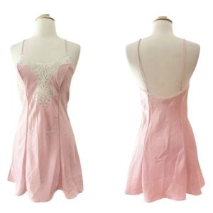 Vintage Pink Satin Slip Dress Chemise with White Lade Detail, Small