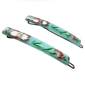 1970’s French Floral Hair Clips Barrettes in Blue, 2.5” , Deadstock, Unworn - Fashionconservatory.com