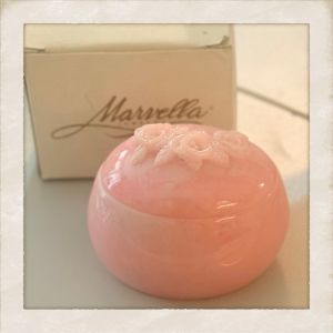 1950’s Vintage Marvella Feminine Pink Swirl Milk Glass Trinket Box, New in Box