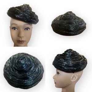 Artsy 1960’s Black Straw Hat, Black Cocktail Party Hat, Pillbox Hat - Fashionconservatory.com