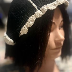 1920’s Antique Crochet Cloche Hat in Black with White Ruffle Trim, Handmade