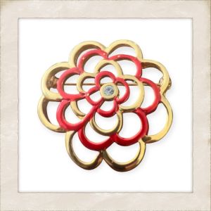 Vintage Red Enamel Flower Brooch | Gold Openwork Floral Pin with Rhinestone 