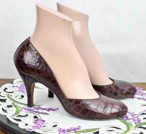 Vintage Brown Faux Crocodile Shoes, Heels by I Miller Heels, Sz 9