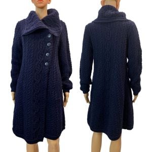 80s 90s Irish Wool Long Cable Knit Cardigan Sweater Coat | Navy Blue 