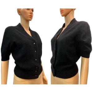 60s Italian Black Angora & Wool Short Sleeve Cardigan Kitten Sweater