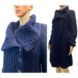 80s 90s Irish Wool Long Cable Knit Cardigan Sweater Coat | Navy Blue  - Fashionconservatory.com