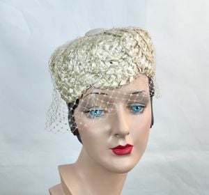 Vintage 60s Beige Straw Pillbox Hat, Veiled