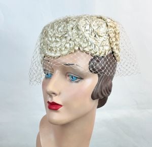 Vintage 60s Beige Straw Pillbox Hat, Veiled - Fashionconservatory.com