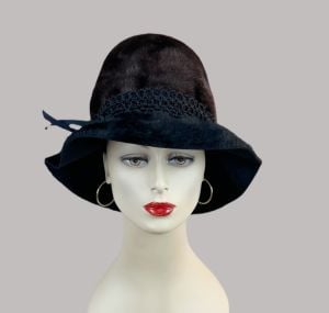 Vintage 1970s Black and Brown Fur Felt Floppy Brim Hat by Jacques Heim 