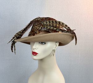 Jack McConnell Camel Wide Brim Asymmetrical Hat with Pheasant Feathers - Fashionconservatory.com