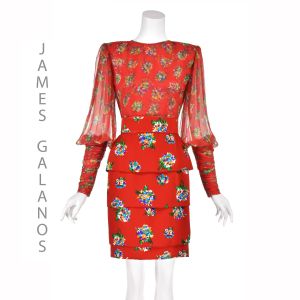 JAMES GALANOS Red Floral Silk Dress w/Chiffon Bodice & Silk Faille Skirt & Sheer Bishops Sleeves 