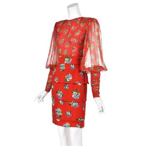 JAMES GALANOS Red Floral Silk Dress w/Chiffon Bodice & Silk Faille Skirt & Sheer Bishops Sleeves  - Fashionconservatory.com