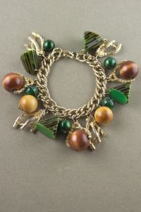 Carved Bakelite wooden beads 1960s charm bracelet