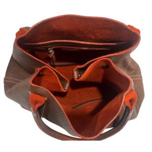 00s Brown Pebbled Leather Tote Bag / Shopper w Orange Trim - Fashionconservatory.com