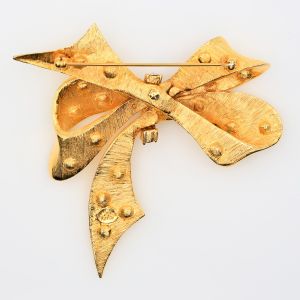 Vintage Joan Rivers Starry Rhinestone Gold Toned Bow Brooch 1990s - Fashionconservatory.com