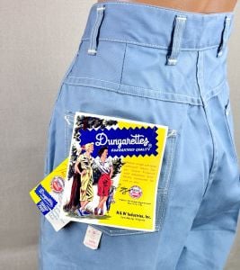 Vintage 50s Deadstock Light Blue Demin Dungarettes with Side Metal Zipper, Capri Length - Fashionconservatory.com