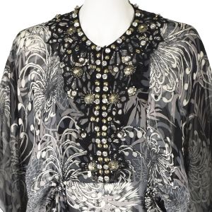 JENNY PACKHAM Embellished Silk Chiffon Kaftan Blouse with Cinched Waist SZ Md-Lg - Fashionconservatory.com