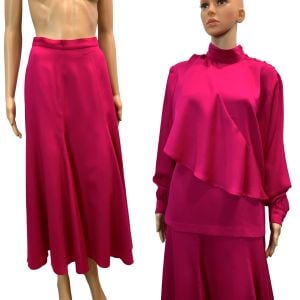 80s Italian Hot Pink Midi Skirt & Asymmetrical Blouse Set 