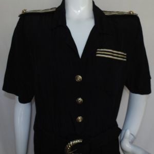 Black Belted Romper, 16, Shoulder pads, Pockets, Button front/Zipper - Fashionconservatory.com