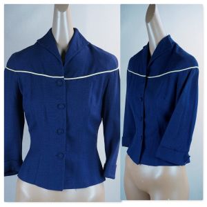 50s Blue Linen Jacket, Elbow Length Sleeves by Jo Collins, B34 W24