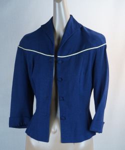 50s Blue Linen Jacket, Elbow Length Sleeves by Jo Collins, B34 W24 - Fashionconservatory.com