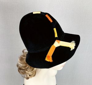 60s Vintage Black Velour Brimmed Cloche Hat by Mr John