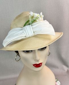 70s Beige Straw Hat with White Organza Hatband by Mr John