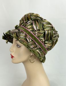 Vintage 60s Green, Pink and Gold Cloche Style Hat by Mr John Jr - Fashionconservatory.com