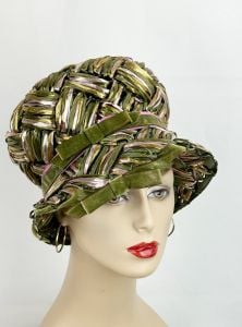 Vintage 60s Green, Pink and Gold Cloche Style Hat by Mr John Jr