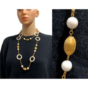 Long Gold & White Acrylic Bead & Ring Necklace - Fashionconservatory.com