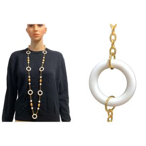 Long Gold & White Acrylic Bead & Ring Necklace