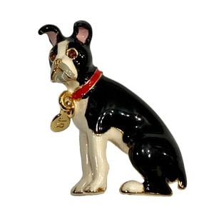 90s Jeweled Gold & Enamel Boston Terrier Brooch Pin