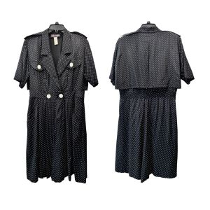 80s Navy Polka Dot Rayon Romper Dress | Military Style Wide Leg Jumpsuit | S - Fashionconservatory.com