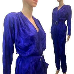 70s 80s Slinky Royal Blue Jumpsuit Diamond Jacquard | All That Jazz | S - Fashionconservatory.com