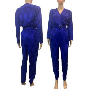 70s 80s Slinky Royal Blue Jumpsuit Diamond Jacquard | All That Jazz | S