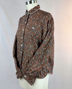 Vintage 60s Brown Novelty Print Long Sleeve Blouse, Shirt by Judy Bond, Sz 38 - Fashionconservatory.com