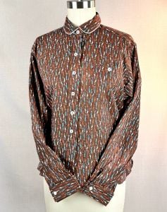 Vintage 60s Brown Novelty Print Long Sleeve Blouse, Shirt by Judy Bond, Sz 38