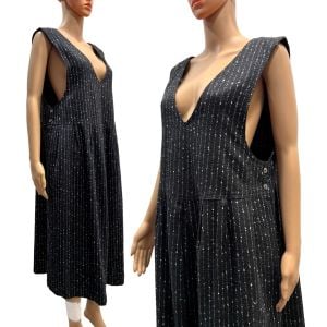 80s M/L Black Wool Jumper Dress | Oversized Speckled Pinafore w Pockets