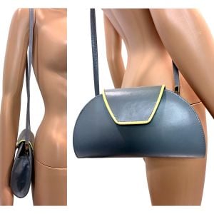 80s Gray Leather Half Moon Bag with Neon Trim Crossbody Clutch - Fashionconservatory.com