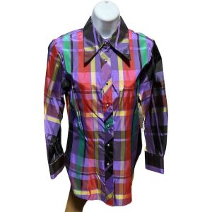 70s Multicolor Plaid Acetate Deadstock Rhinestone Button Up Shirt 