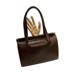 60s Croc Stamp Brown Leather Top Handle Barrel Bag