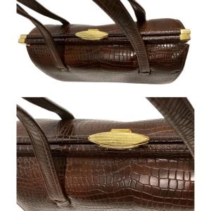 60s Croc Stamp Brown Leather Top Handle Barrel Bag - Fashionconservatory.com