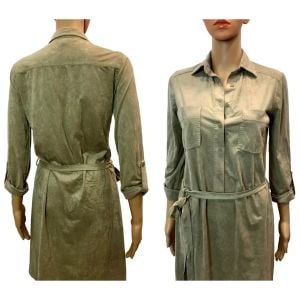 Y2K Soft Ultra Suede Safari Style Shirt Dress Tie Belt | Khaki Tan | XS - Fashionconservatory.com