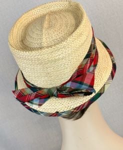 Vintage 60s Lady Dobbs Natural Straw and Madras Fedora, Deadstock - Fashionconservatory.com