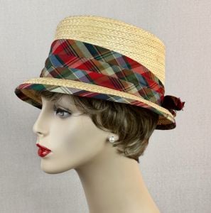 Vintage 60s Lady Dobbs Natural Straw and Madras Fedora, Deadstock