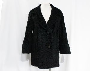 Astrakhan Fur Jacket - Large Luxe 1960s Black Coat with Exquisite Tailoring - Emerald Silk Lining