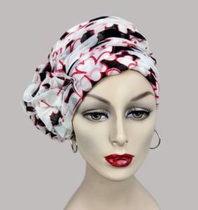 Vintage 80s Deadstock Draped Organza Turban Hat, White, Black and Red, Lane Bryant, Medium - Fashionconservatory.com